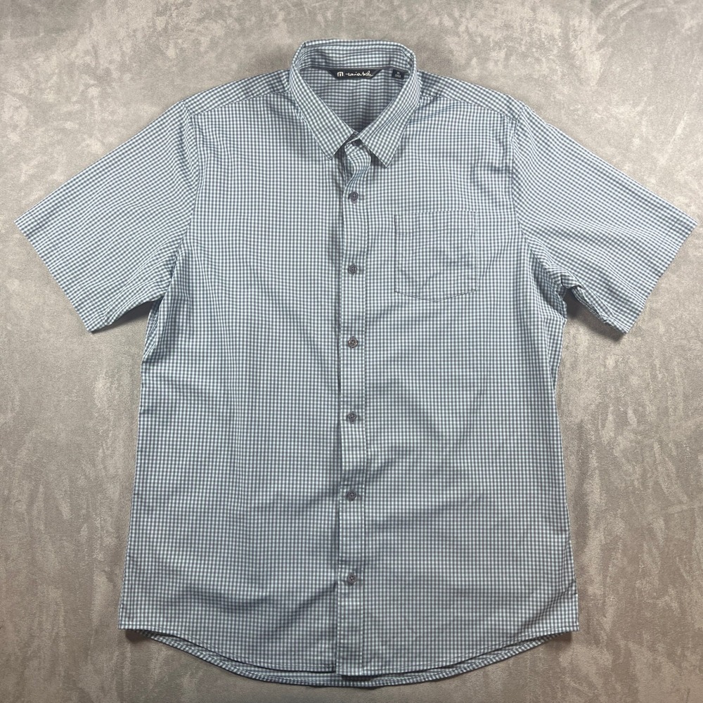 TravisMathew Mens XL Short Sleeve Button Down Shirt Blue Gingham Performance